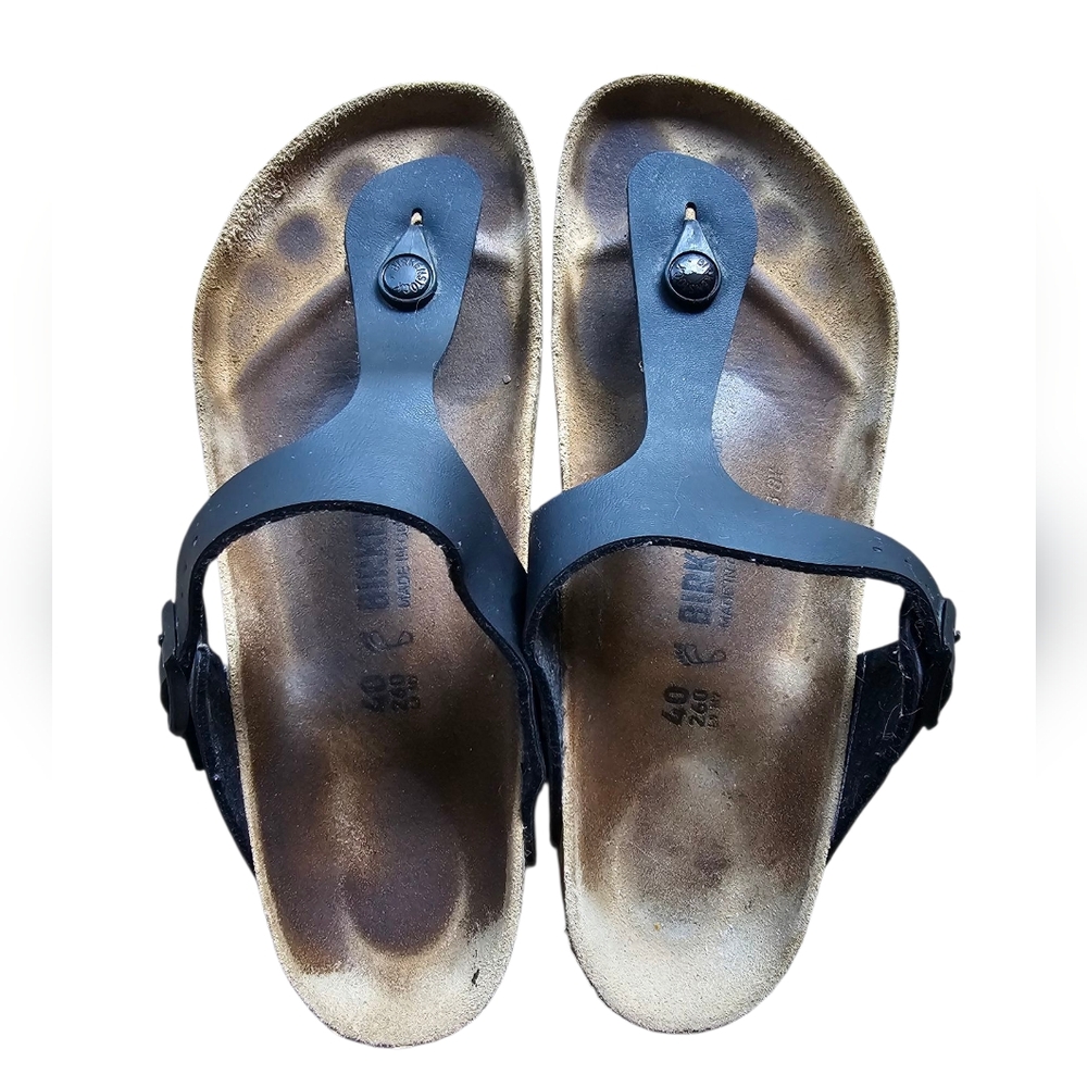 Birkenstock Gizeh Birko-Flor Black Leather‎ Sandals with Buckle Sz M 7 L 9